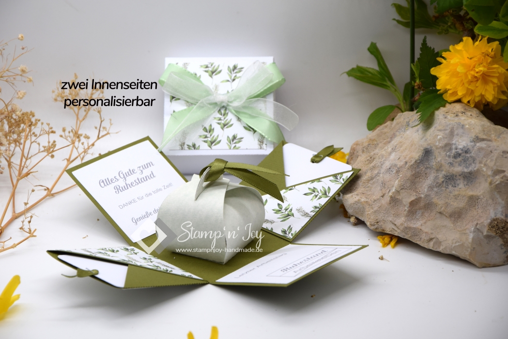 Explosionsbox Ruhestand/Rente/Abschied | Geldgeschenk | Zierschachtel | Motiv: Blätter | olivgrün | Art. Nr. 14020601